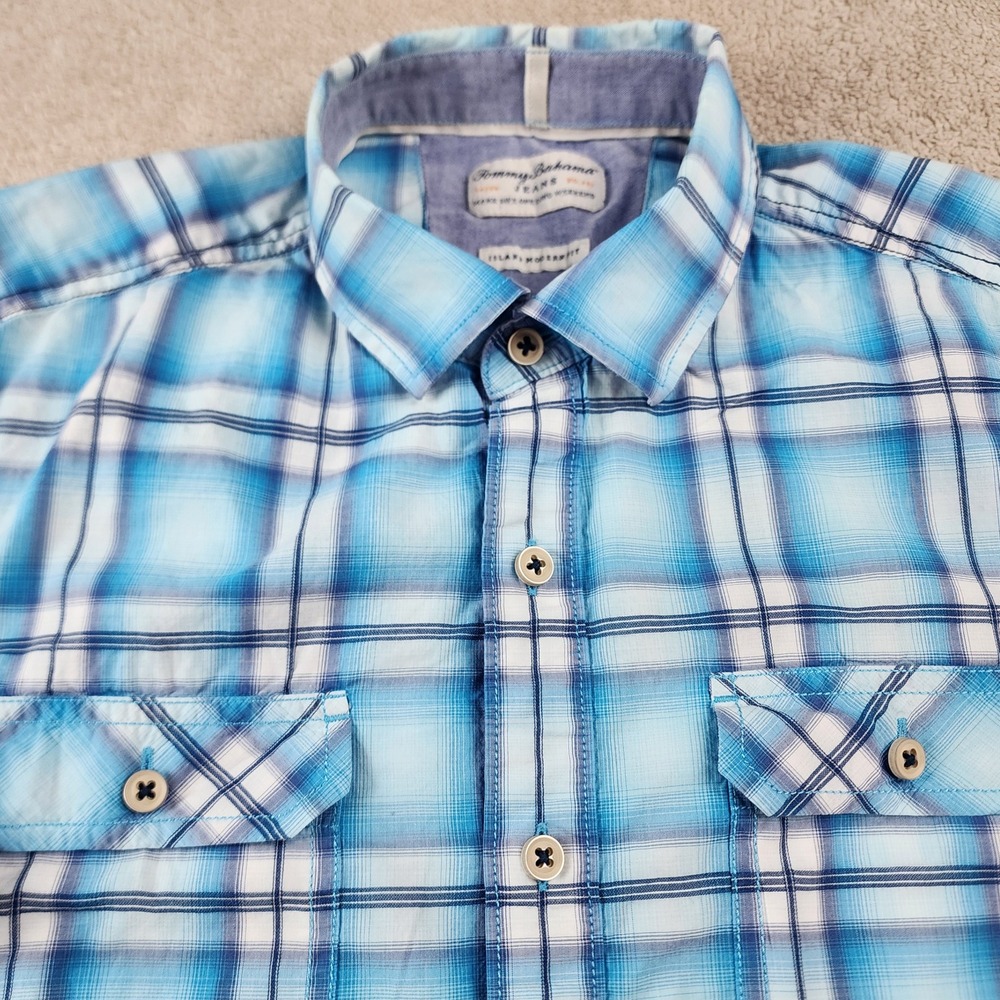 Tommy Bahama Jeans Mens Plaid Shirt Island Modern Fit Short Sleeve Size M